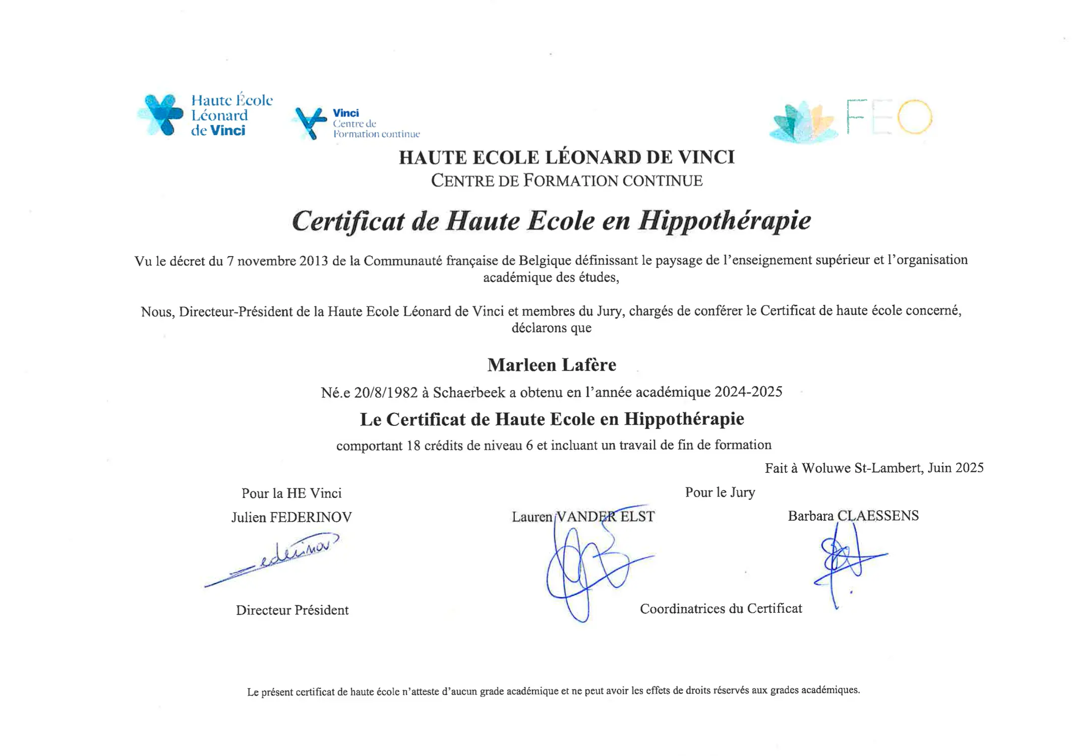 Marleen LAFERE - HIPPO2 2425 - Certificats de réussite